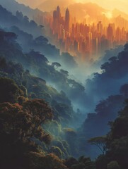 Urban skyline emerging from a lush, misty jungle landscape.
