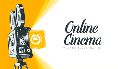 Vector poster with an old movie camera on a yellow background. Cinema illustration. 
