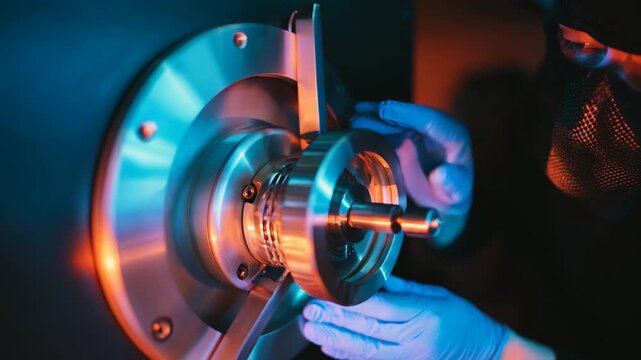 Closeup of a specialized locksmith resolving a jammed safe lock demonstrating technical expertise and safety precautions in a dimly lit setting.