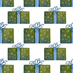 A seamless pattern with festive green boxes. Hand-drawn watercolor illustration. Perfect for holiday decor, cards, and fabrics.