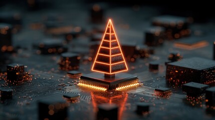 digital glowing tech christmas tree on blue computer tech background