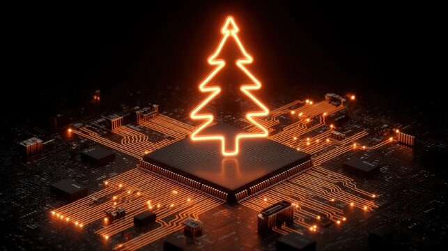 digital glowing tech christmas tree on blue computer tech background