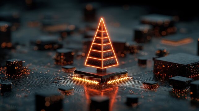 digital glowing tech christmas tree on blue computer tech background