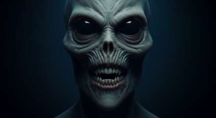 Obraz premium Alien creature portrait with intense gaze and grim appearance against dark background