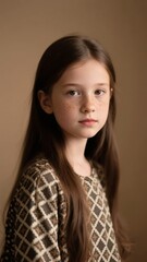 Portrait of a young girl with long brown hair and freckles wearing a patterned top against a neutral background