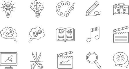 Vector art of a collection of creative process icons, representing idea generation, art, and film