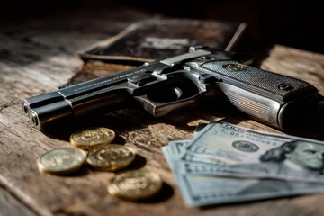 Obraz premium Gun, money, and assets symbolizing crime and risk