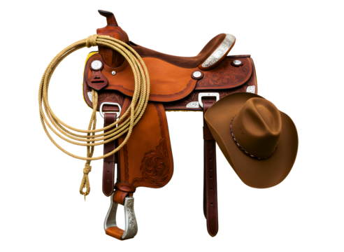 Western cowboy saddle with lasso and hat isolated on transparent background