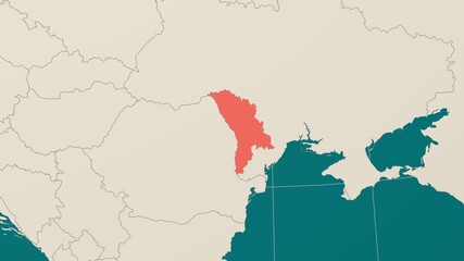 Moldova map. Animated zoom into the country on the Globe in Teal Pale Mint color palette. Country logo animation. Map with meridians, parallels. Neat video.