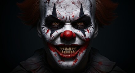 Creepy clown portrait terrifying makeup dark background horror illustration