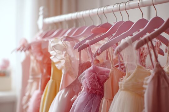 Beautiful dressy lush pink and white dresses for girls on hangers. Kids dresses with feathers for prom and holiday. Luxury evening fashion. Clothing store. Dress rental for various occasions, events.