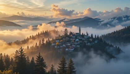 Obraz premium A serene mountaintop village at sunrise, surrounded by misty pine forests and glowing golden clouds.
