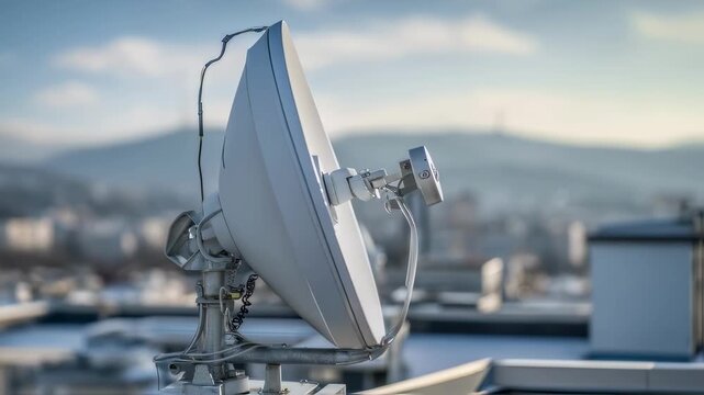 Focused view of a satellite dish antenna tracking atmospheric pollutants with the sky and distant tech equipment gently out of focus.