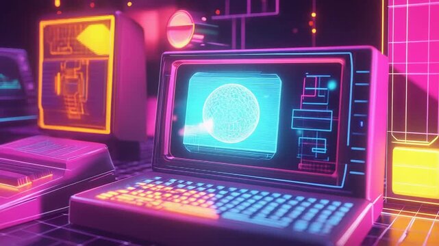 Retro computer workstation glowing with vibrant synthwave neon effects