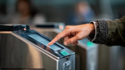 Medium shot capturing a traveler placing their finger on a fingerprint scanner for swift biometric boarding while the surroundings remain out of focus. - Powered by Adobe