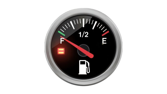Close up of a car fuel gauge showing nearly empty with a low fuel warning light illuminated isolated on transparent background