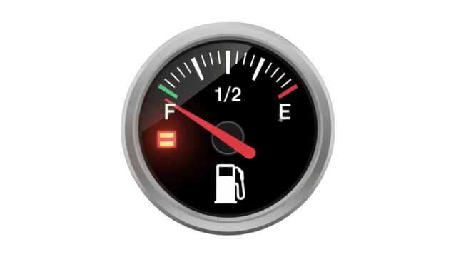 Close up of a car fuel gauge showing nearly empty with a low fuel warning light illuminated isolated on transparent background