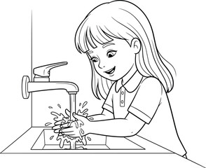 Smiling Child Washing Hands Under Faucet Promoting Hygiene, Cleanliness, Health Education, Daily Routine, Water Splash, Bathroom Sink, Happy Kid Activity