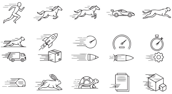 A collection of diverse icons illustrating speed and motion, including a runner, horse, car, cheetah, rocket, and stopwatch, isolated on transparent background