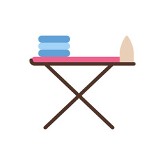 Laundry Day Flat Lay Icon With Stacked Blue Towels And A Pink Ironing Board And A Beige Iron Against A White Transparent Background