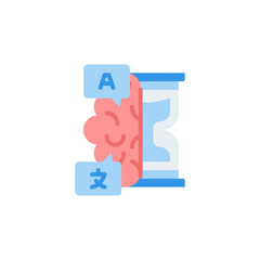 Language Learning Concept Represented by a Brain and Hourglass on a Transparent Background with Text Bubbles Showing English and Chinese Characters