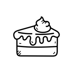 A Hand Drawn Outline Slice of Cake with Whipped Cream and Drizzle on a White Background
