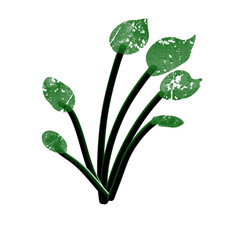 Minimal plant illustration with five green speckled leaves on curved black stems
