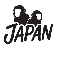 Minimal black silhouette illustration showing two monkeys above Japan text, symbolizing wildlife, culture and travel in Japan. Perfect for logos, posters and prints.