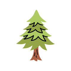 A Hand Drawn Style Evergreen Tree With A Brown Trunk And Green Foliage Against A Transparent Background