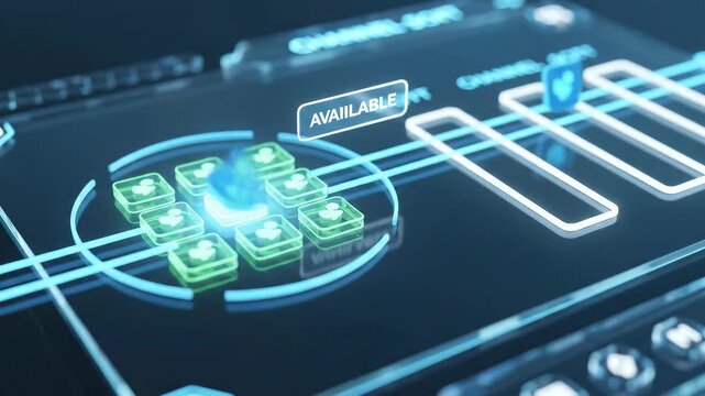 Headless Commerce (Multi-Channel): a content chip drags from a central pool onto three armed slots; distribution lines glow outward and dim to standby as an availability badge arrives&mdash;omnichannel, dis