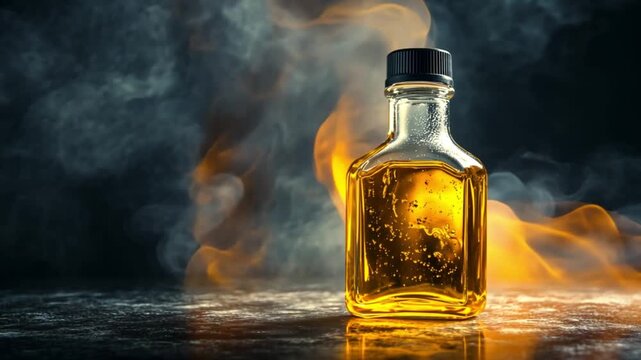 Mysterious amber liquid bottle in flames, dramatic background