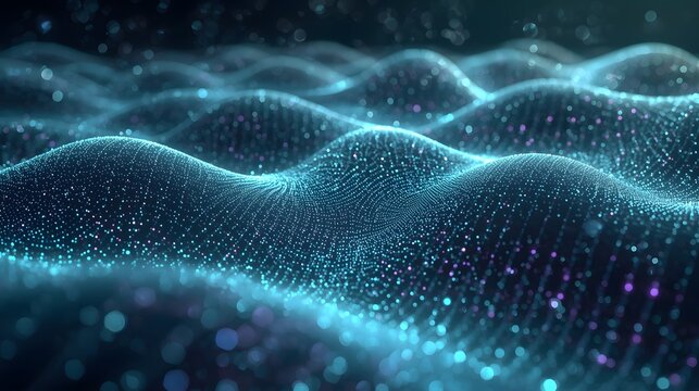 A glowing field of blue and purple particles forms a smooth, undulating wave across a dark background, symbolizing data flow, quantum energy, and futuristic digital landscapes.
