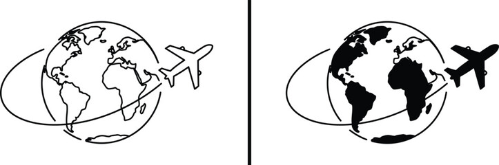 Airplane Around Globe Icon, Global Travel and Aviation Vector