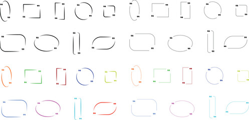 Colorful quote box icon set, collection, and group in flat line style, including multicolor speech bubble frame, quotation border, chat outline, dialogue shape, and modern text message template vector