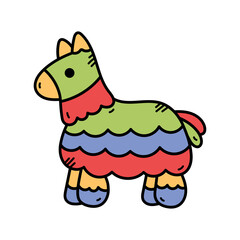 A cute cartoon horse shaped pinata with bright green red blue and yellow colors decorated with wavy patterns and a black outline on a transparent background