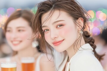 終業後にビールを楽しむ若い日本人女性