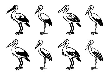 Yellow billed stork icon set minimalist design