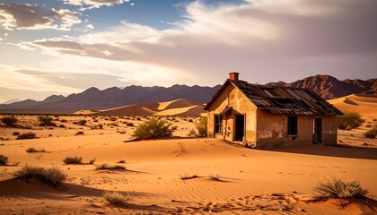 Desolate abandoned house in a vast desert landscape at sunset
