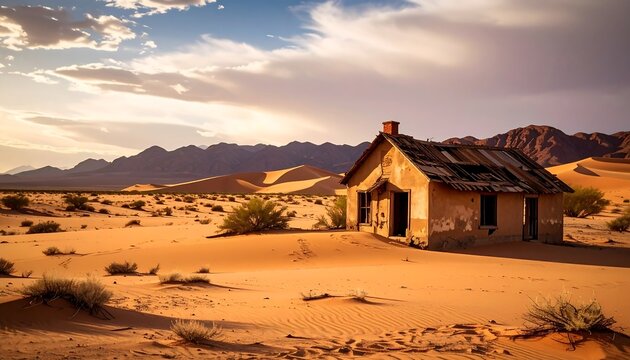 Desolate abandoned house in a vast desert landscape at sunset