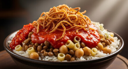 Steaming bowl of kushari. Egyptian street fast food with rice, pasta, lentils, chickpeas, and fried onions. Delicious cuisine.