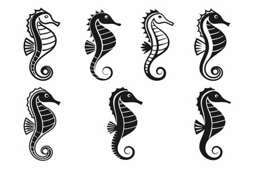 Minimalist tropical seahorse icon set in black yellow cyan magenta