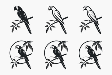 Minimalist tropical parrot icon set in black yellow cyan magenta
