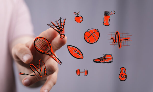 A vibrant display of hand-drawn sports and fitness icons. This digital interface promotes health, active living, and various athletic activities - Powered by Adobe
