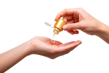 Close up of hands applying liquid from a small bottle to an open palm isolated on transparent background