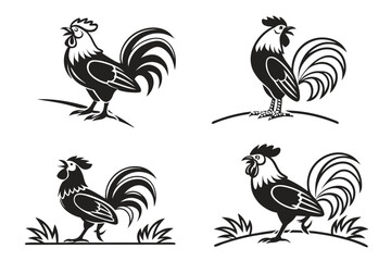 Vintage rooster standing icon set minimalist design
