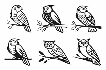 Minimalist vintage owl perched icon set in black and yellow