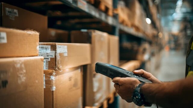 RFID tags being scanned by a handheld device in a warehouse streamlining inventory tracking and asset management in a connected logistics network.
