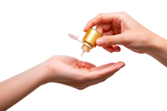 Close up of hands applying liquid from a small bottle to an open palm isolated on transparent background - Powered by Adobe