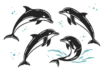 Minimalist watercolor dolphin icon set with vibrant colors