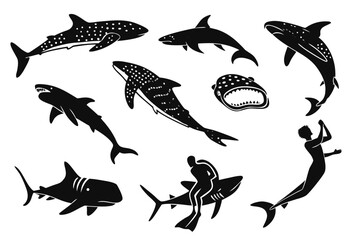 Minimalist whale shark underwater icon set